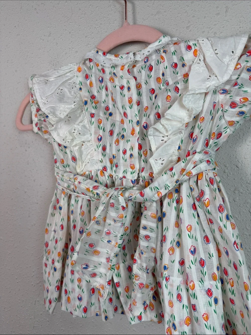 Girls Floral Tulip Print Dress Eyelet Ruffle Cottagecore Spring Easter Party